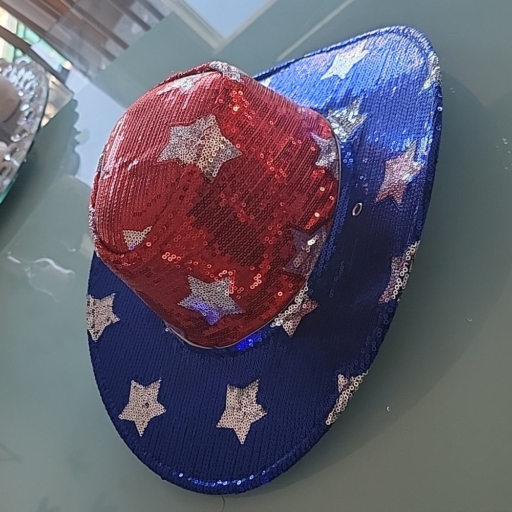 America. Stars. Patriotic cowgirl/cowboy sequined hat.